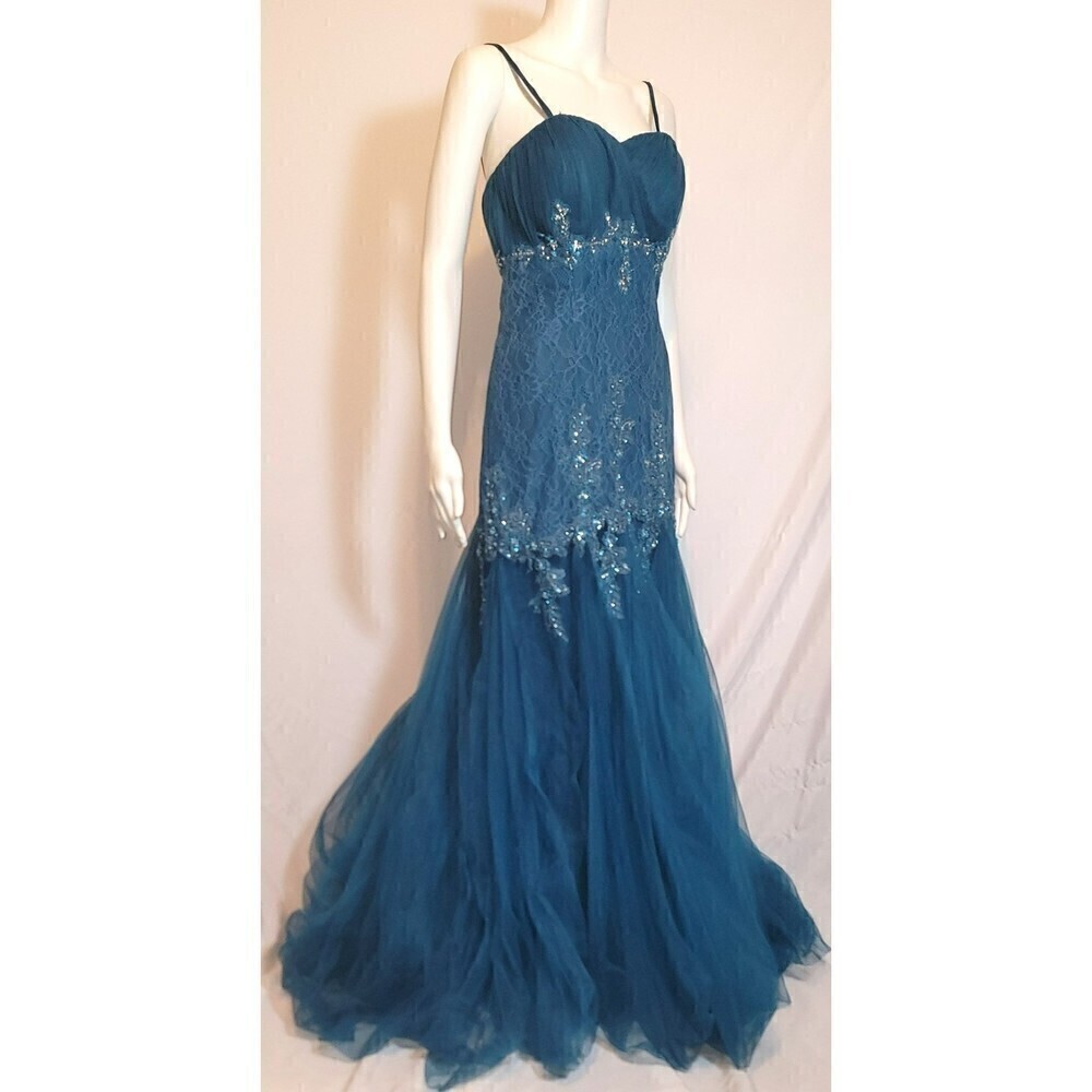 NWOT - Mary's Bridal Teal Sequin Formal Long Mermaid Dress - Size 8